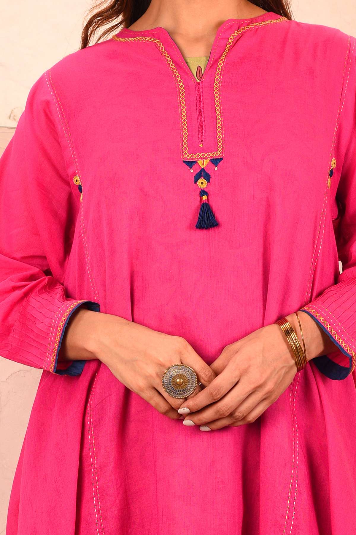 Saheli Double Layer Hand Embroidered Pink Mulmul Cotton Kurta Dress With Printed Beige slip