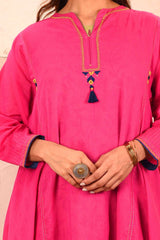 Saheli Double Layer Hand Embroidered Pink Mulmul Cotton Kurta Dress With Printed Beige slip