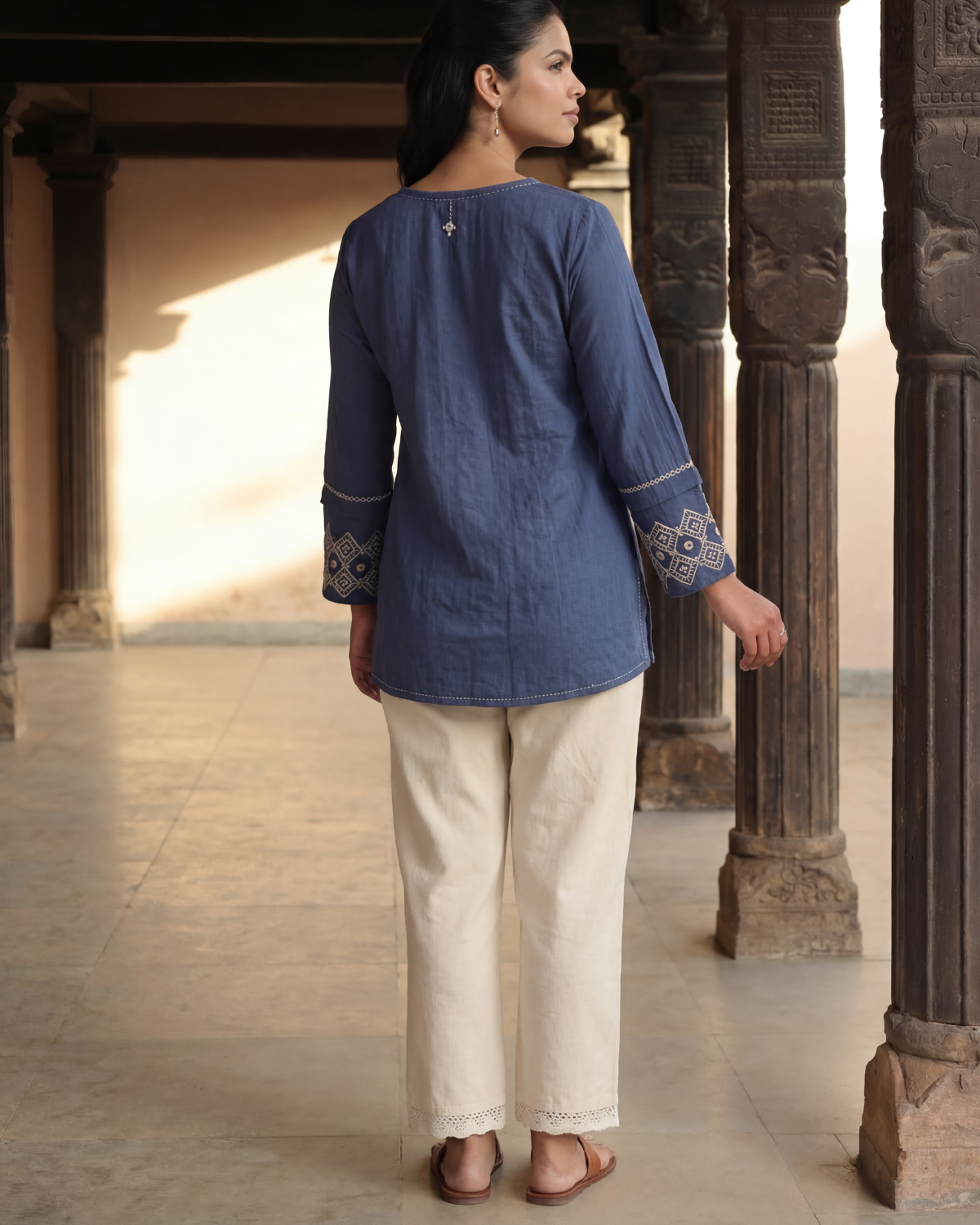 Dhwani Blue Cotton Top With Desert Hand Embroidery