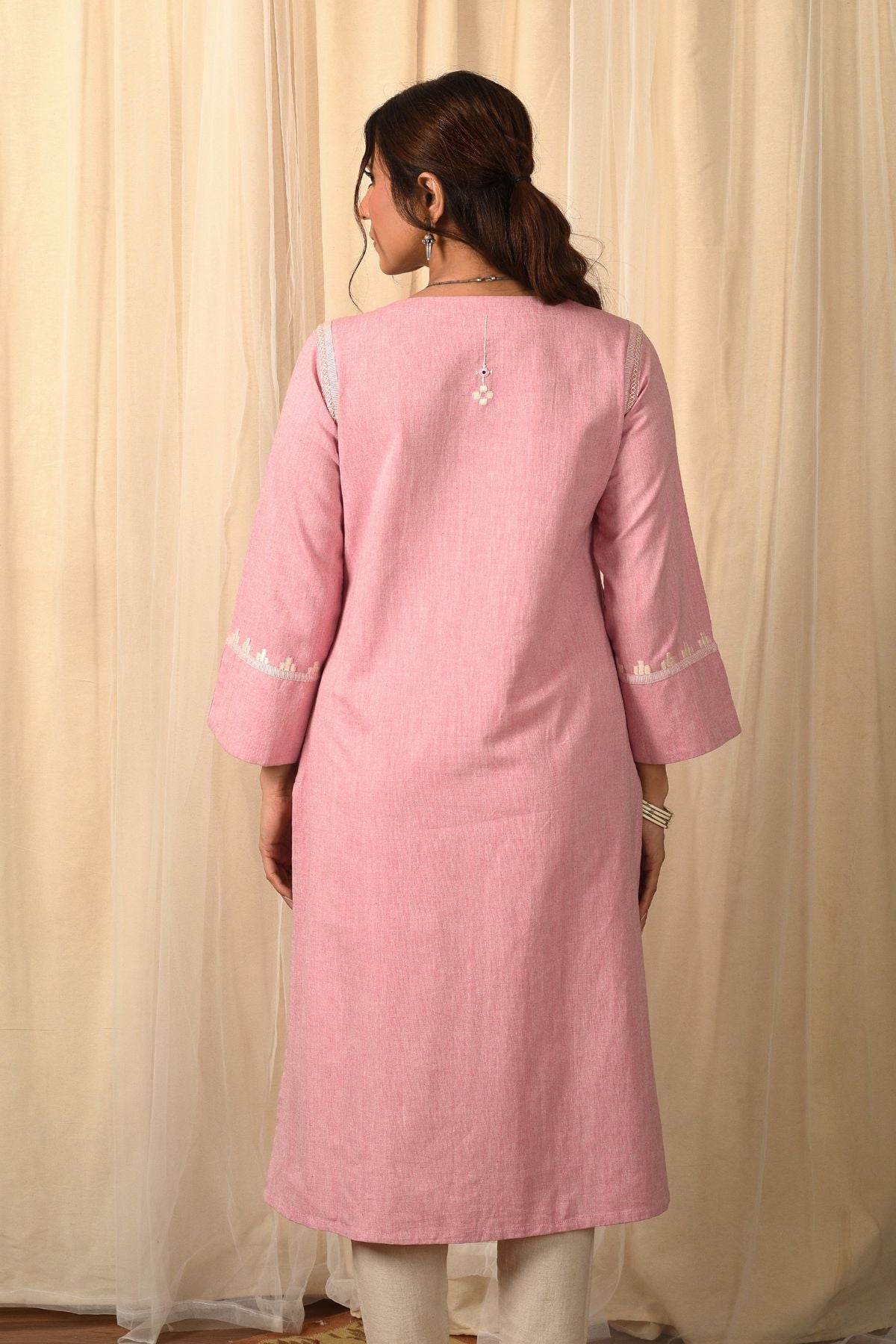 Baori Pink Hand Embroidered Round Neck Kurta