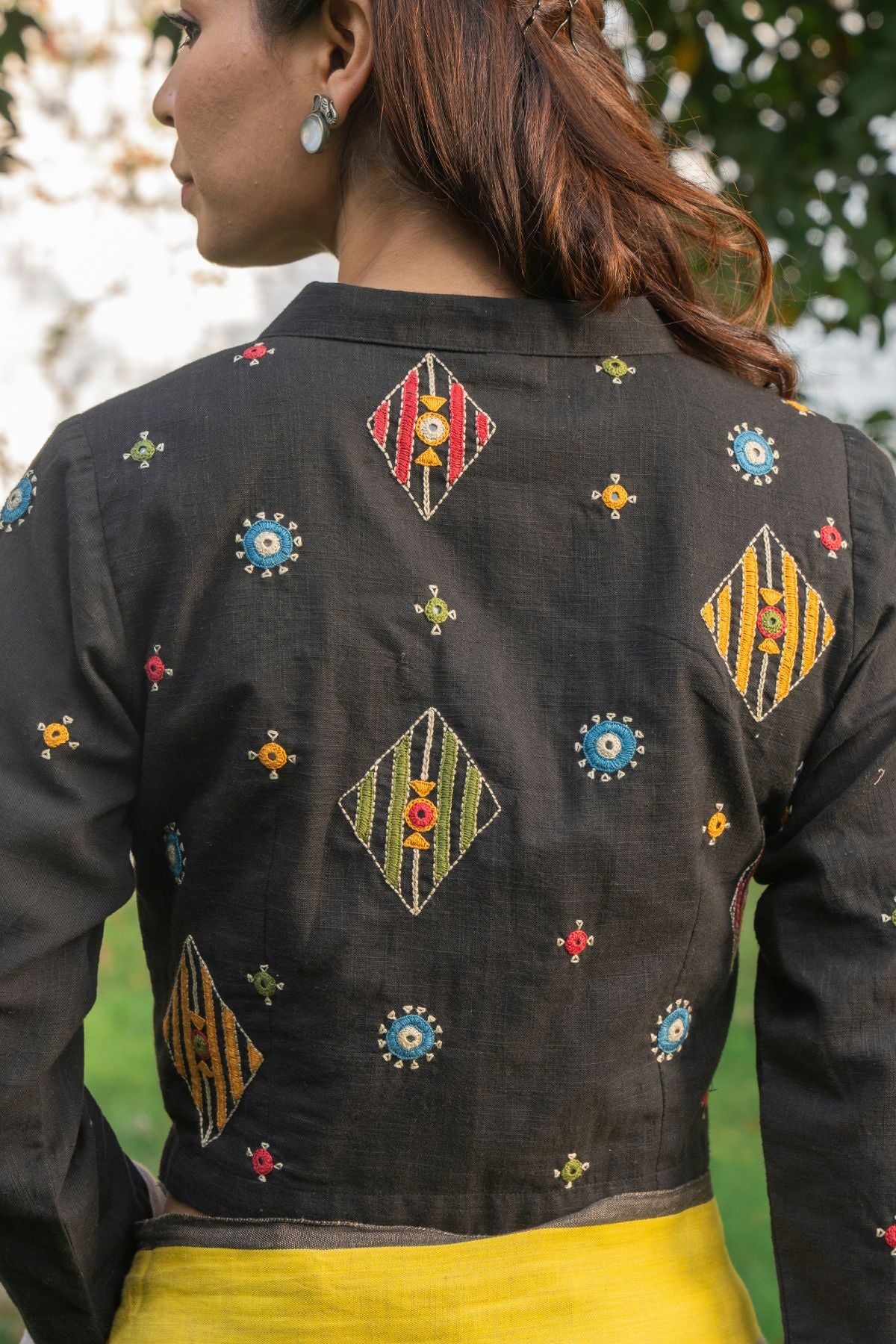 Paheli Black Shirt-Collar Cotton Blouse With Pakka Hand Embroidery