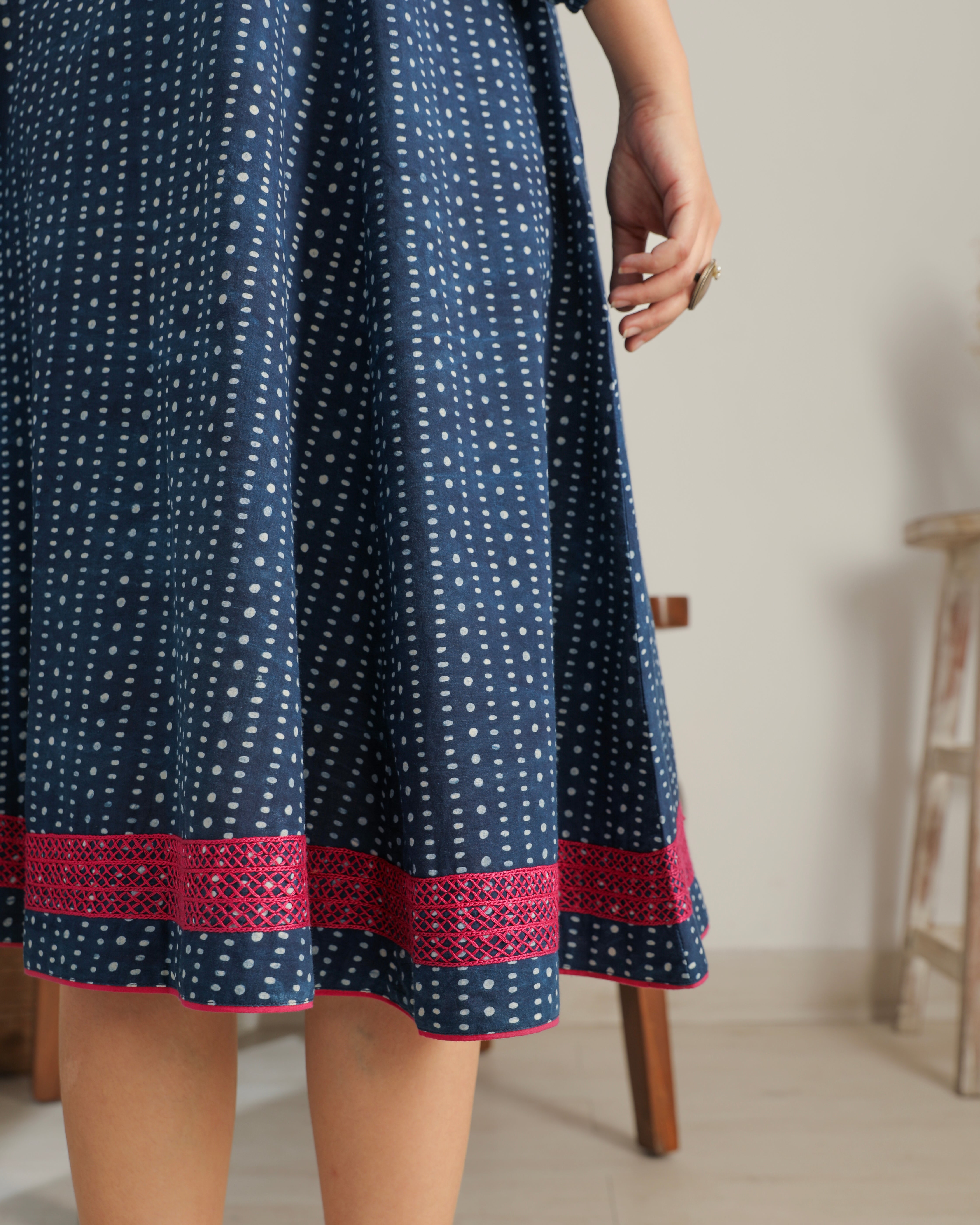 Chaaya Indigo Block Printed Dress With Raglan Sleeves