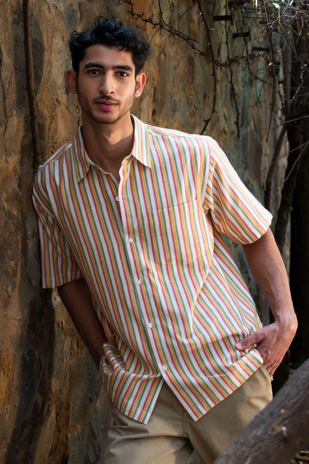 Dhaari Multi Color Striped Handwoven Half Sleeve Pure Cotton Shirt