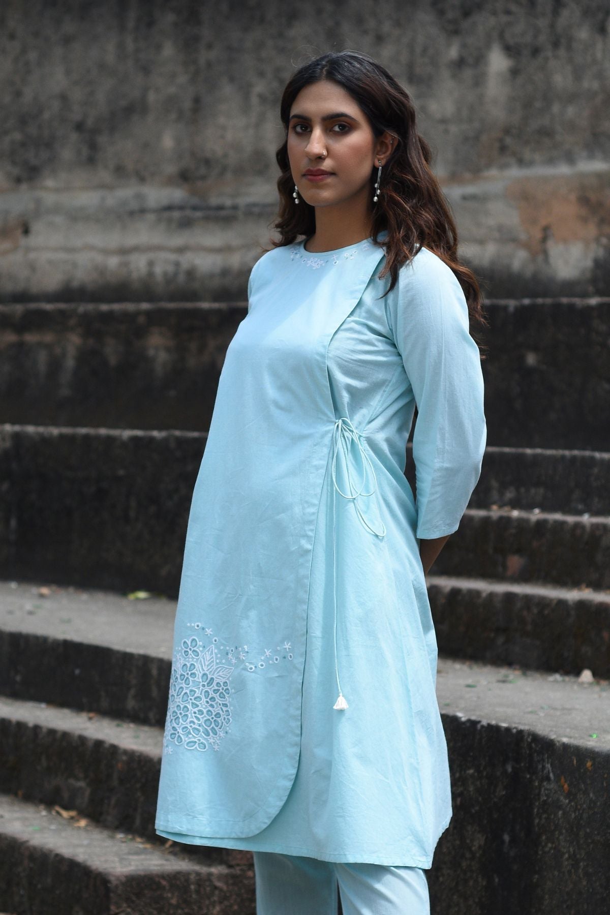 Nargis Blue Kashmiri Crewel Hand Embroidered Cotton Angrakha Kurta