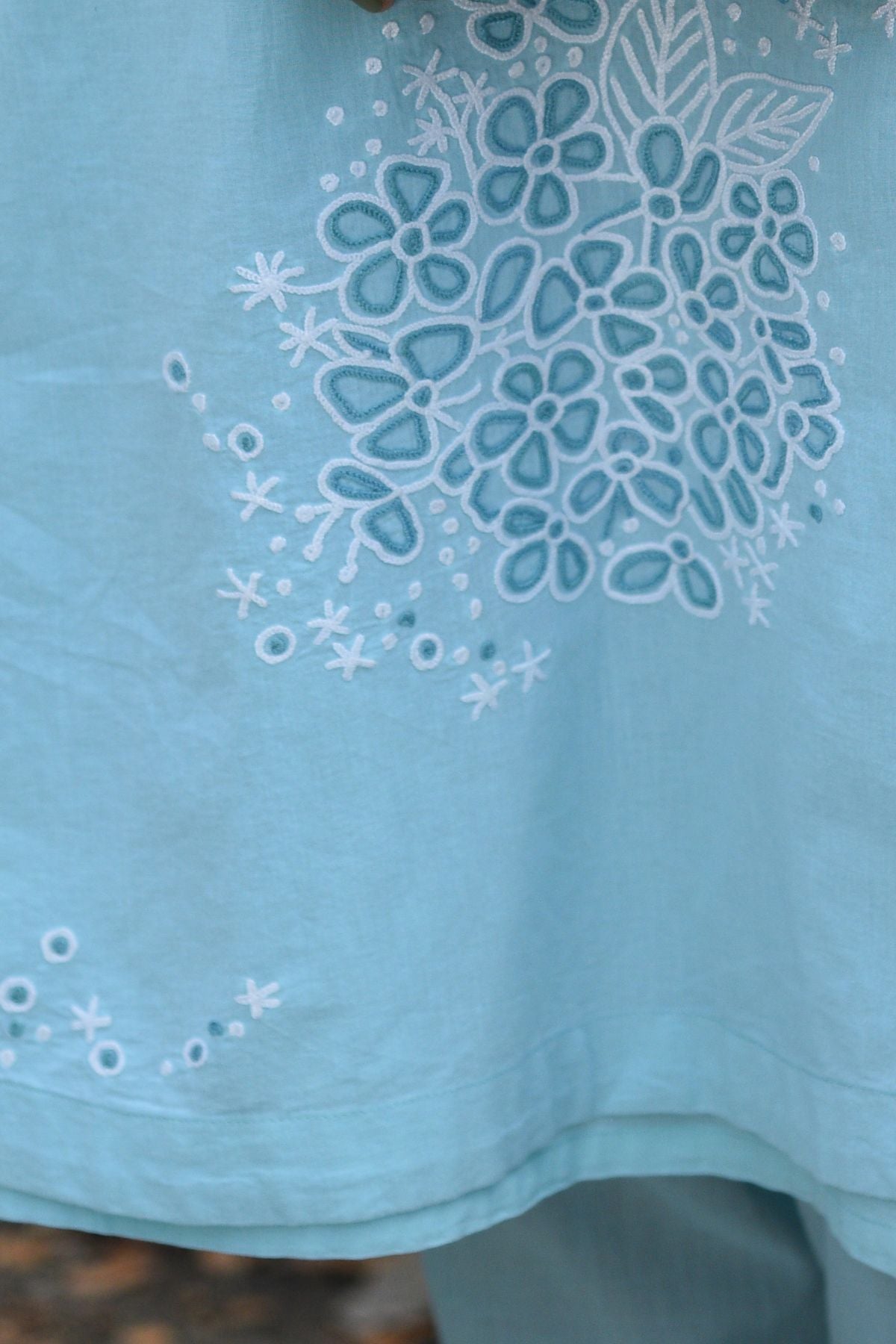 Nargis Blue Kashmiri Crewel Hand Embroidered Cotton Angrakha Kurta