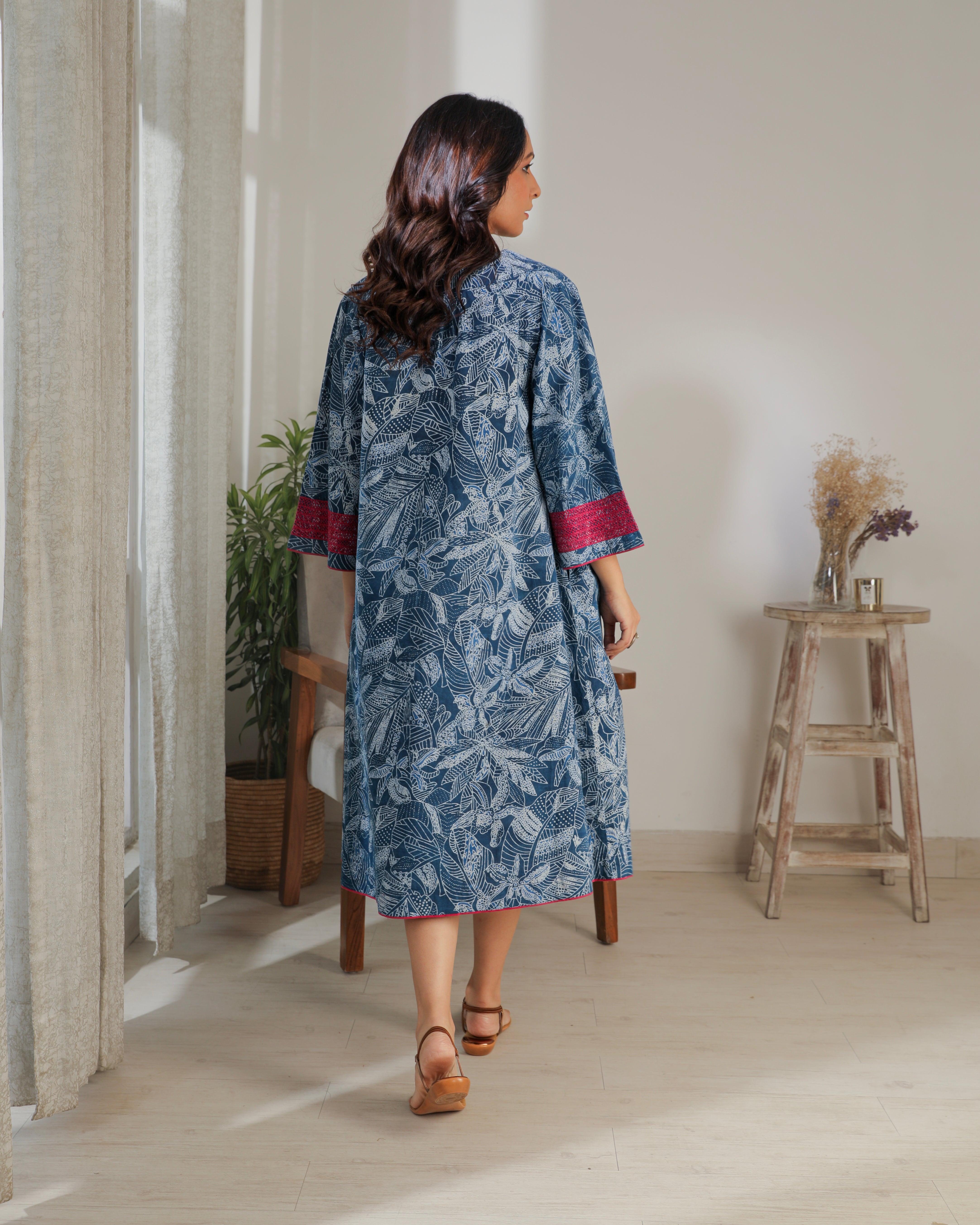 Chaaya Indigo Block Printed Dress With Flared Sleeves