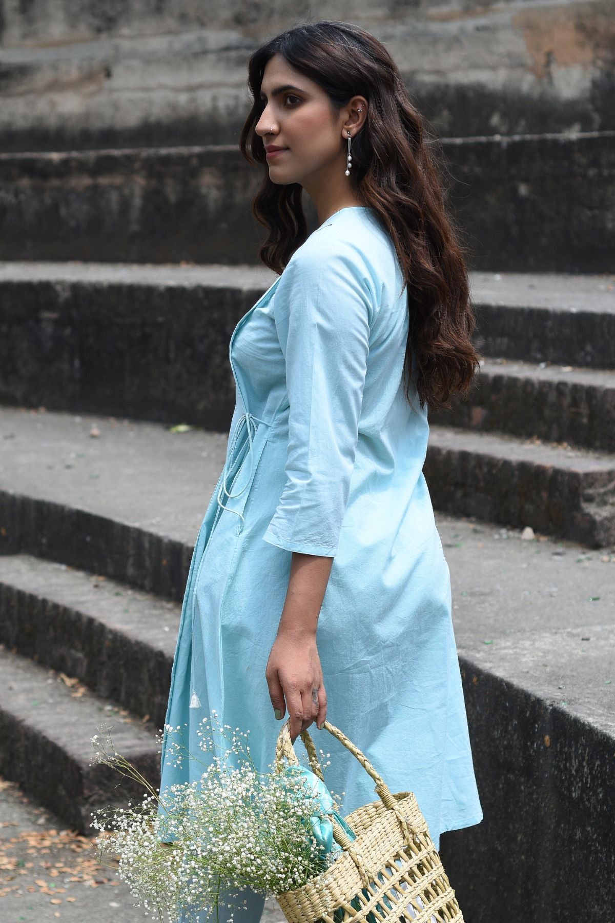 Nargis Blue Kashmiri Crewel Hand Embroidered Cotton Angrakha Kurta