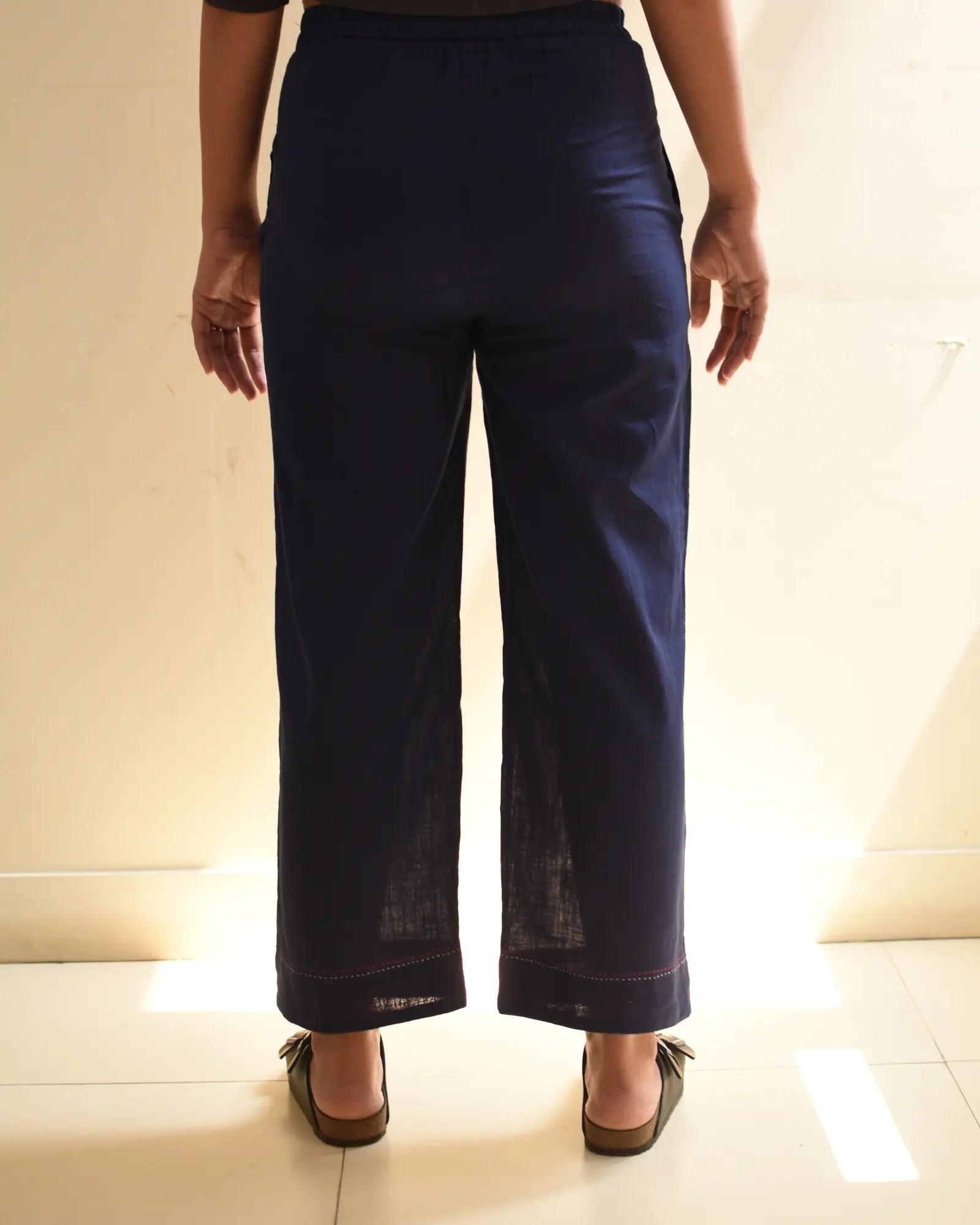 Kaanch Blue Straight-Fit Cotton Pant With Kantha Hand Embroidery - 🚚 Pre-Order: Ships in 2 weeks.