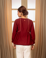 Paheli Maroon Side-Gather Cotton Top With Pakka Hand Embroidery