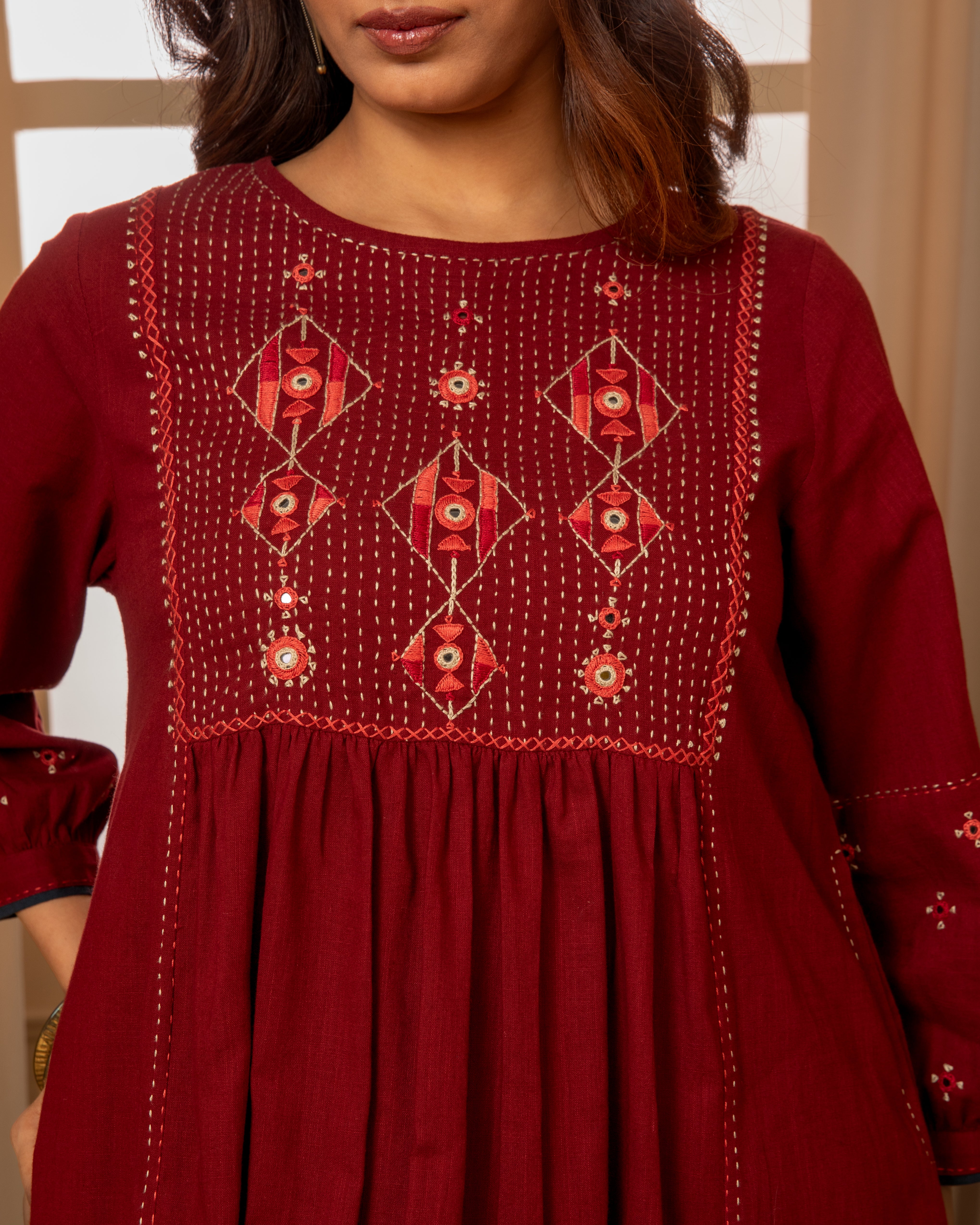 Paheli Maroon Front-Yoke Cotton Kurta With Pakka Hand Embroidery