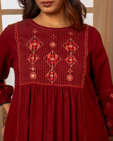 Paheli Maroon Front-Yoke Cotton Kurta With Pakka Hand Embroidery