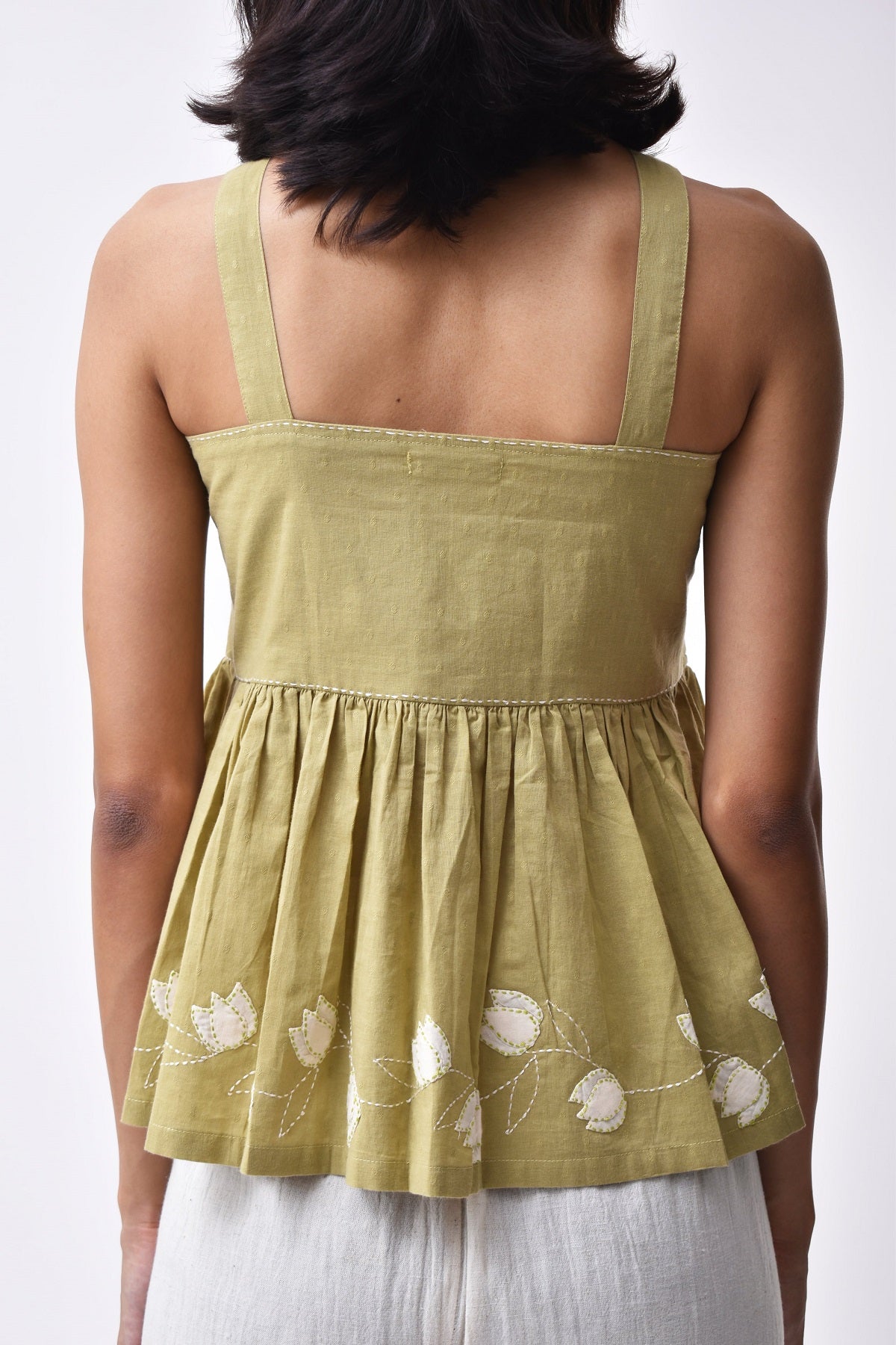 Arrosa Applique Green Cotton Strappy Top