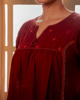 Paheli Maroon Front-Gather Cotton Kurta With Pakka Hand Embroidery