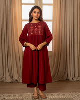 Paheli Maroon Front-Yoke Cotton Kurta With Pakka Hand Embroidery