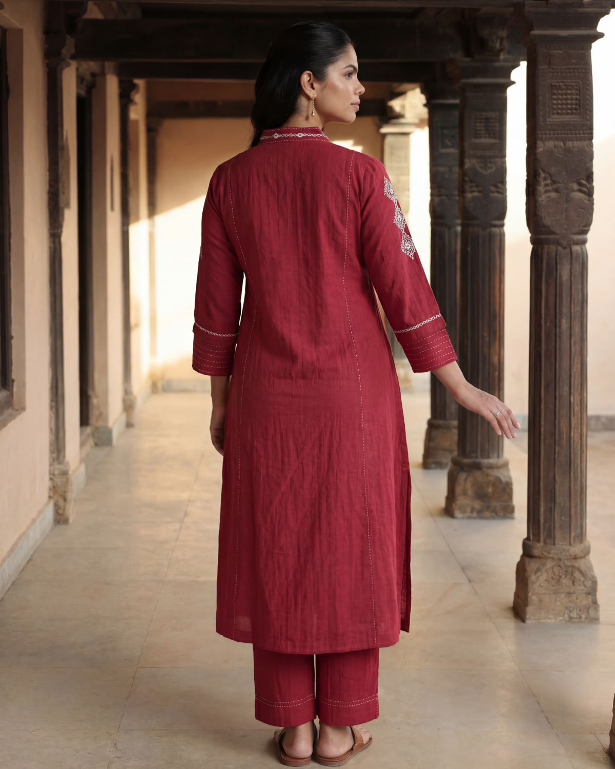 Dhwani Red A-Line Cotton Kurta With Desert Hand Embroidery
