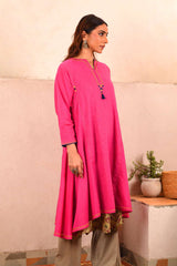 Saheli Double Layer Hand Embroidered Pink Mulmul Cotton Kurta Dress With Printed Beige slip