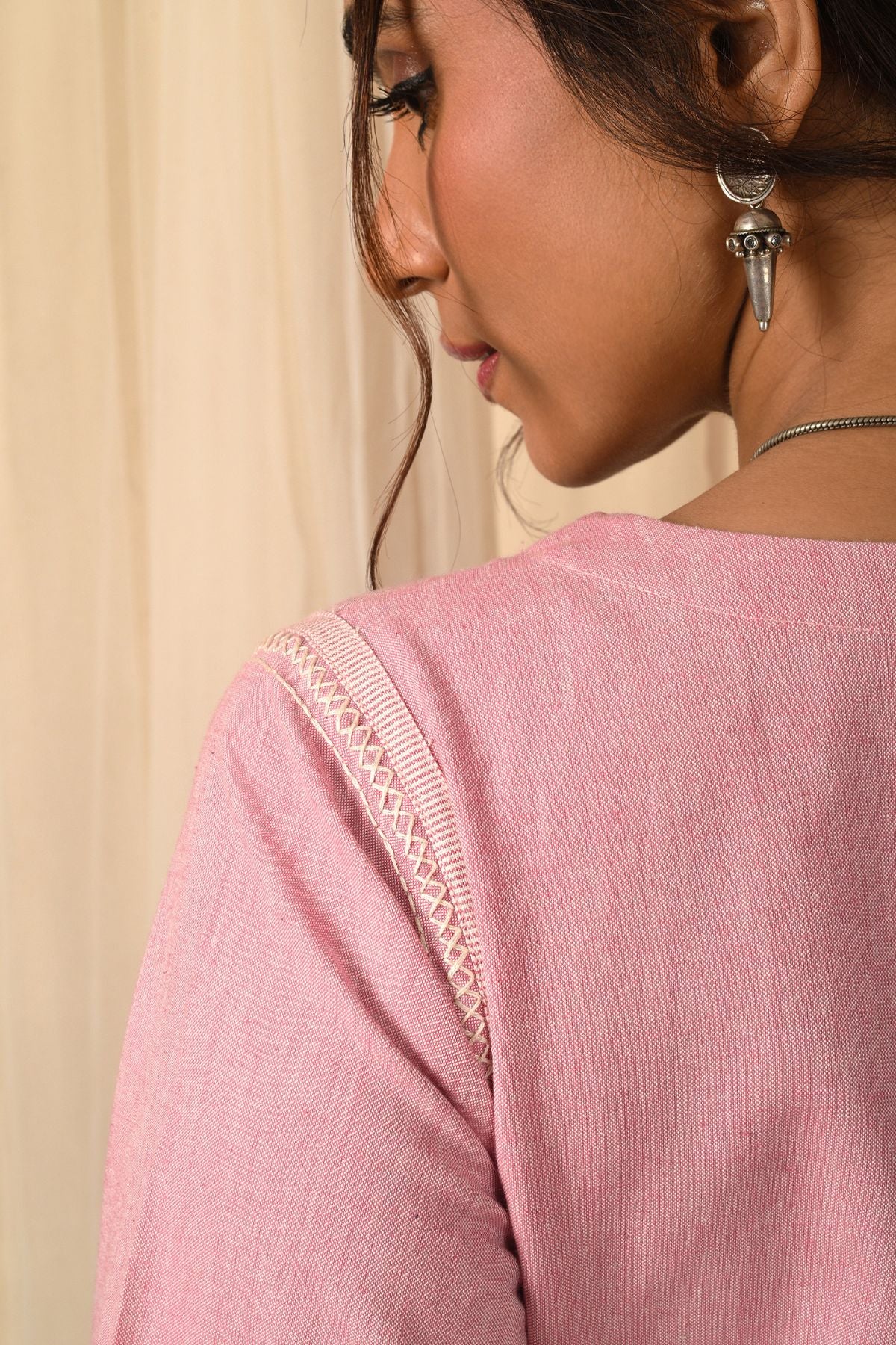 Baori Pink Hand Embroidered Round Neck Kurta