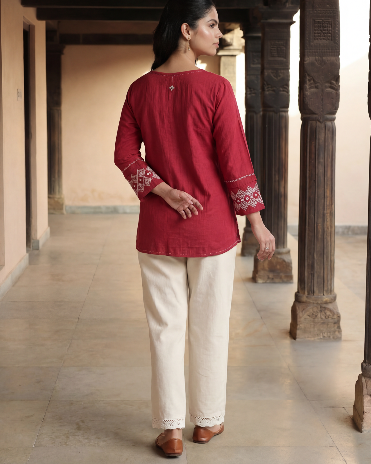 Dhwani Red Cotton Top With Desert Hand Embroidery