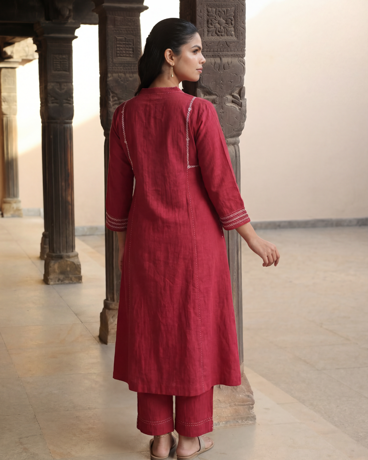 Dhwani Red Kalidaar Cotton Kurta With Desert Hand Embroidery