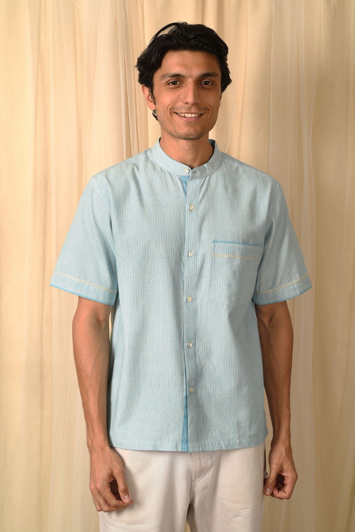 Baori Blue Hand Embroidered Half Sleeve Shirt