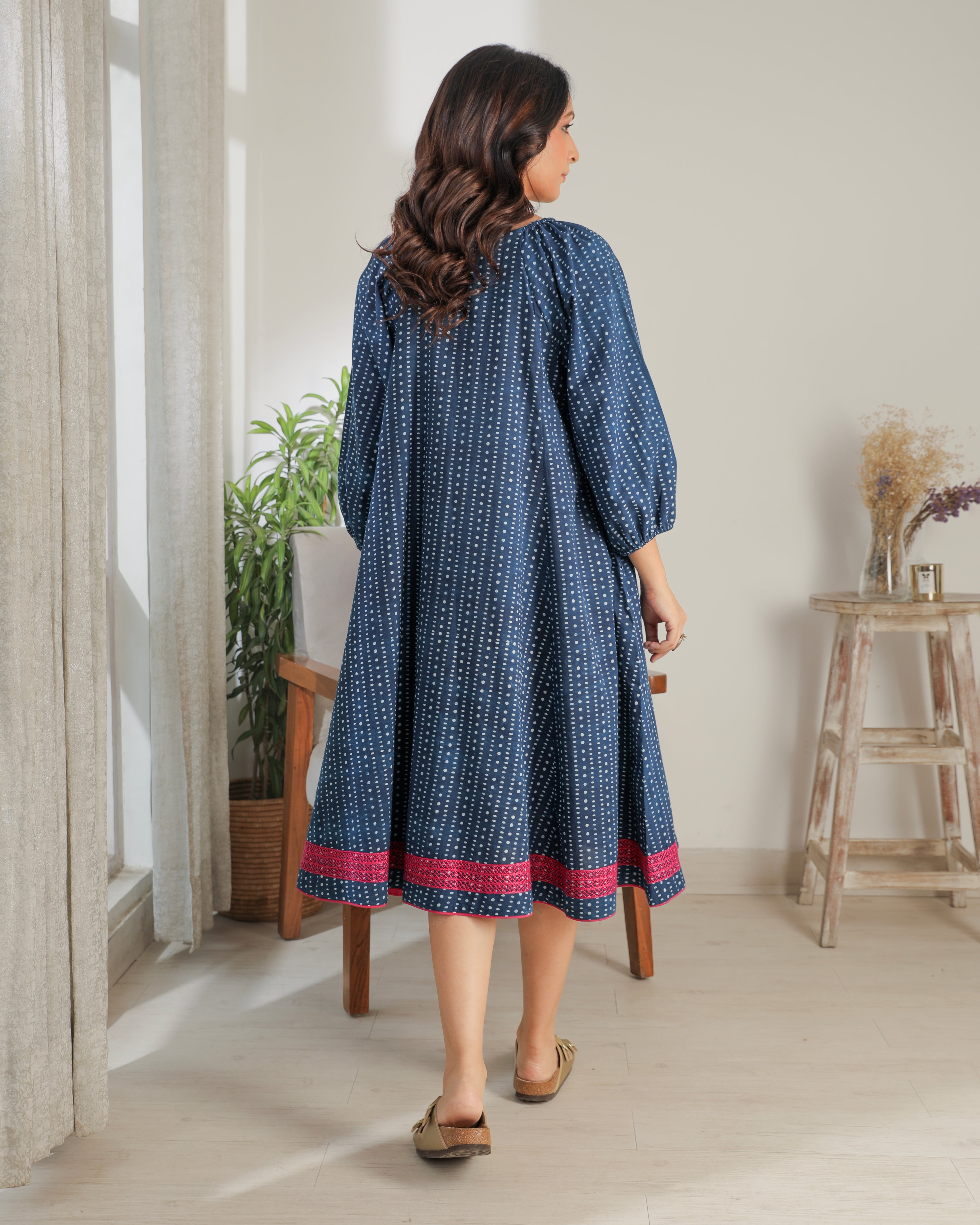 Chaaya Indigo Block Printed Dress With Raglan Sleeves