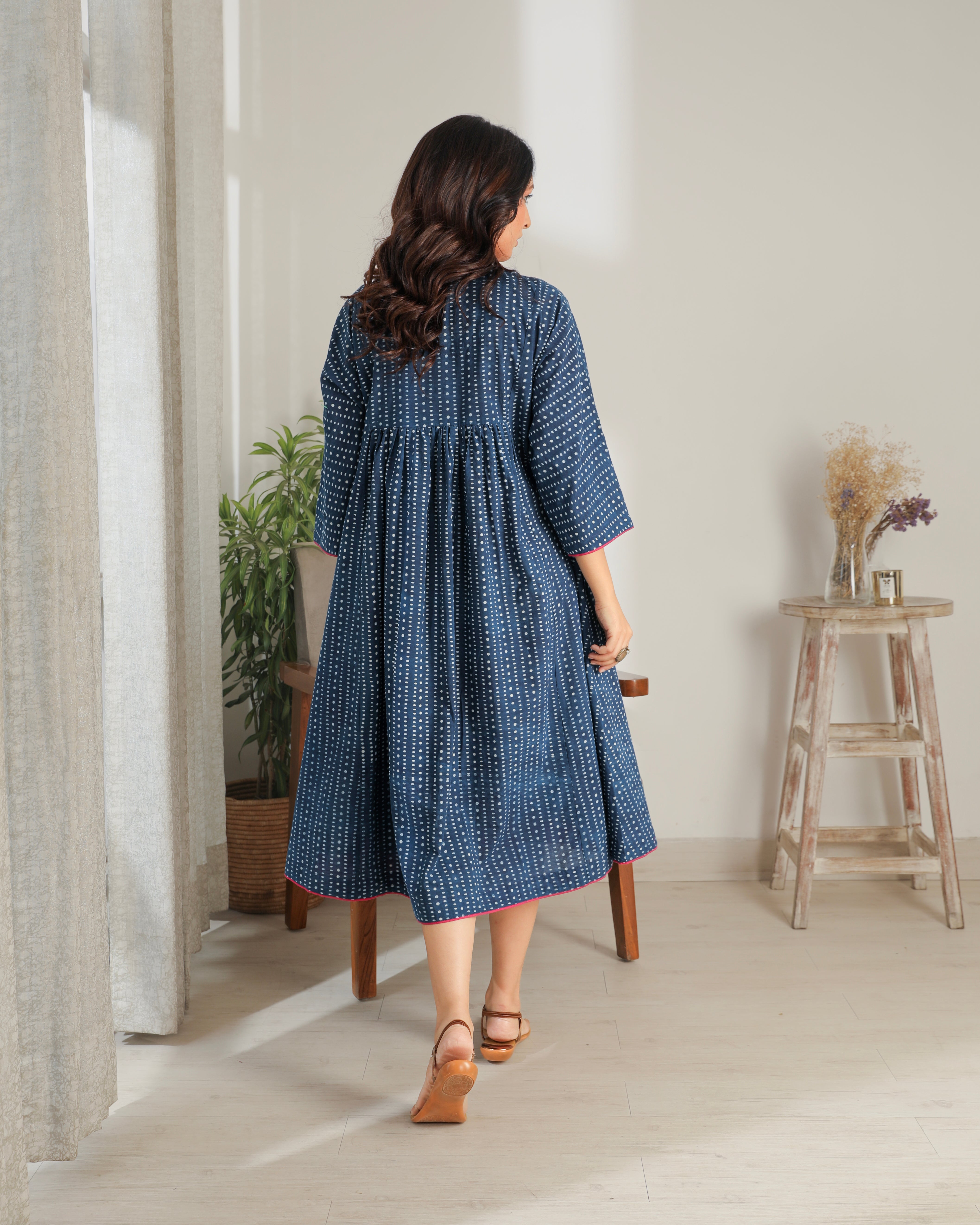 Chaaya Indigo Block Printed Dress With Kimono Sleeves