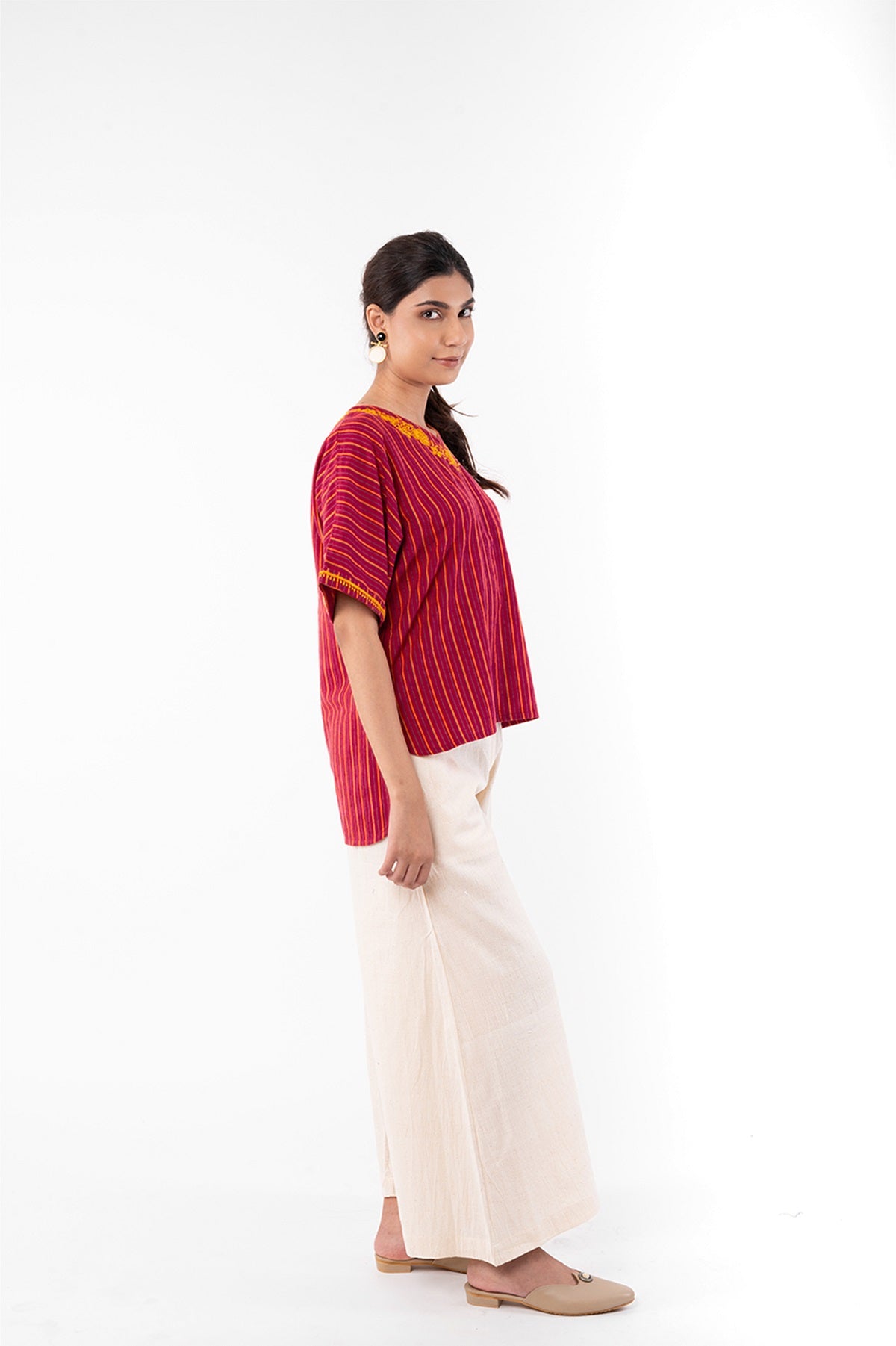 Pardis Red Chikankari Round Neck Boxy Top