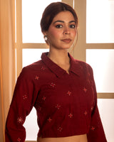 Paheli Maroon Shirt-Collar Cotton Blouse With Pakka Hand Embroidery