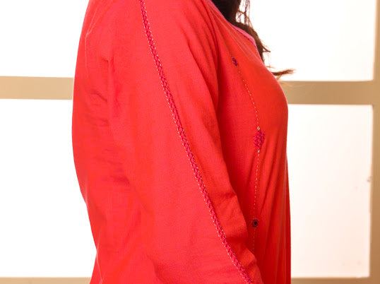 Aashvi Coral V-Neck Mangalgiri Cotton Kurta With Desert Hand Embroidery