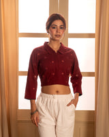 Paheli Maroon Shirt-Collar Cotton Blouse With Pakka Hand Embroidery