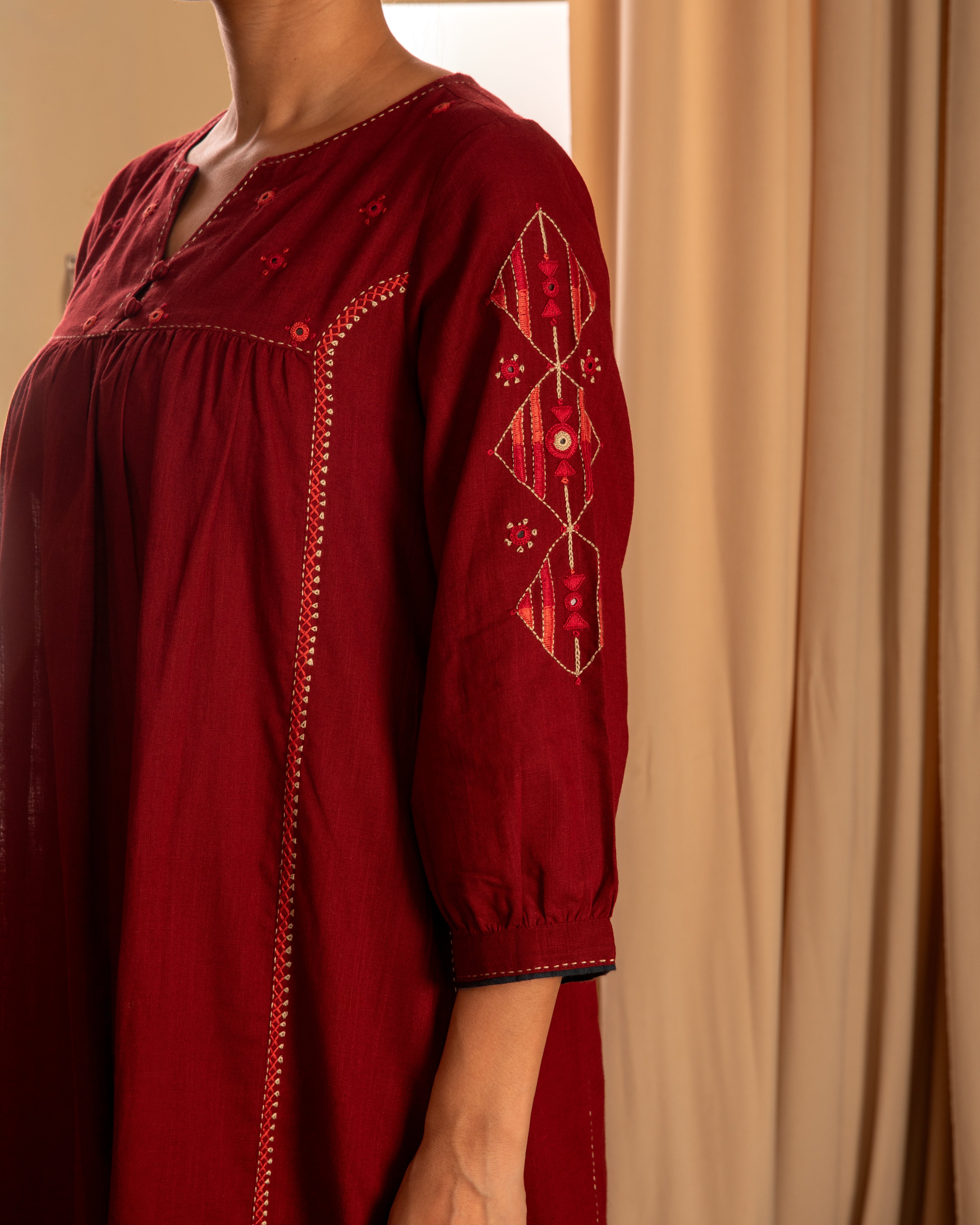 Paheli Maroon Front-Gather Cotton Kurta With Pakka Hand Embroidery