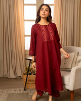 Paheli Maroon Straight-Fit Cotton Kurta With Pakka Hand Embroidery