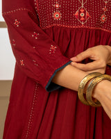 Paheli Maroon Front-Yoke Cotton Kurta With Pakka Hand Embroidery