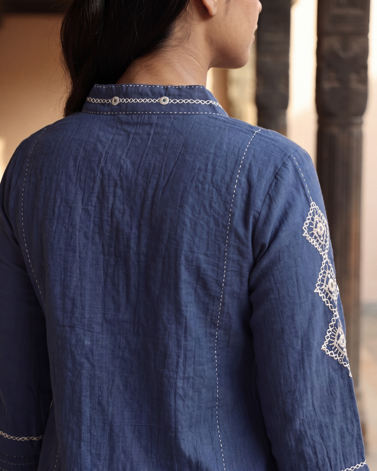 Dhwani Blue A-Line Cotton Kurta With Dessert Hand Embroidery
