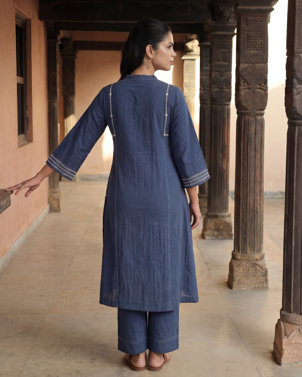 Dhwani Blue Kalidaar Cotton Kurta With Desert Hand Embroidery