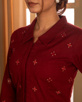 Paheli Maroon Shirt-Collar Cotton Blouse With Pakka Hand Embroidery