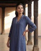 Dhwani Blue A-Line Cotton Kurta With Dessert Hand Embroidery