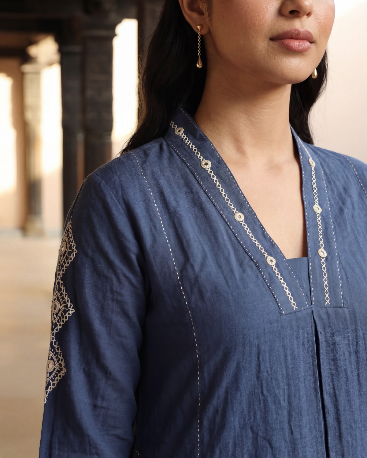 Dhwani Blue A-Line Cotton Kurta With Dessert Hand Embroidery