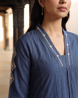 Dhwani Blue A-Line Cotton Kurta With Dessert Hand Embroidery