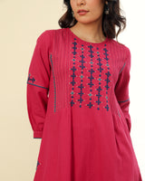 Ruhani Magenta Front-Yoke Cotton Kurta With Sindhi Hand Embroidery