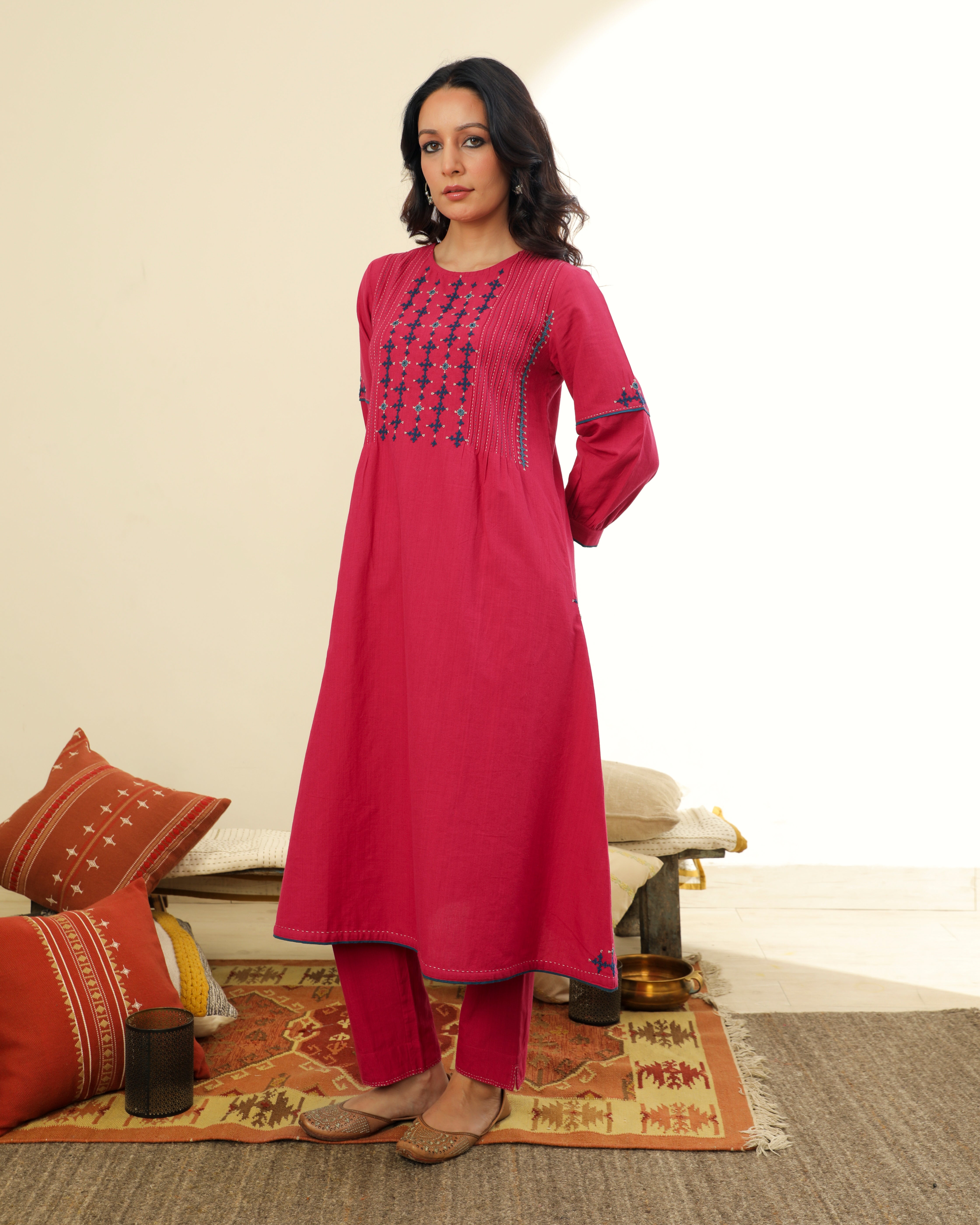 Ruhani Magenta Front-Yoke Cotton Kurta With Sindhi Hand Embroidery