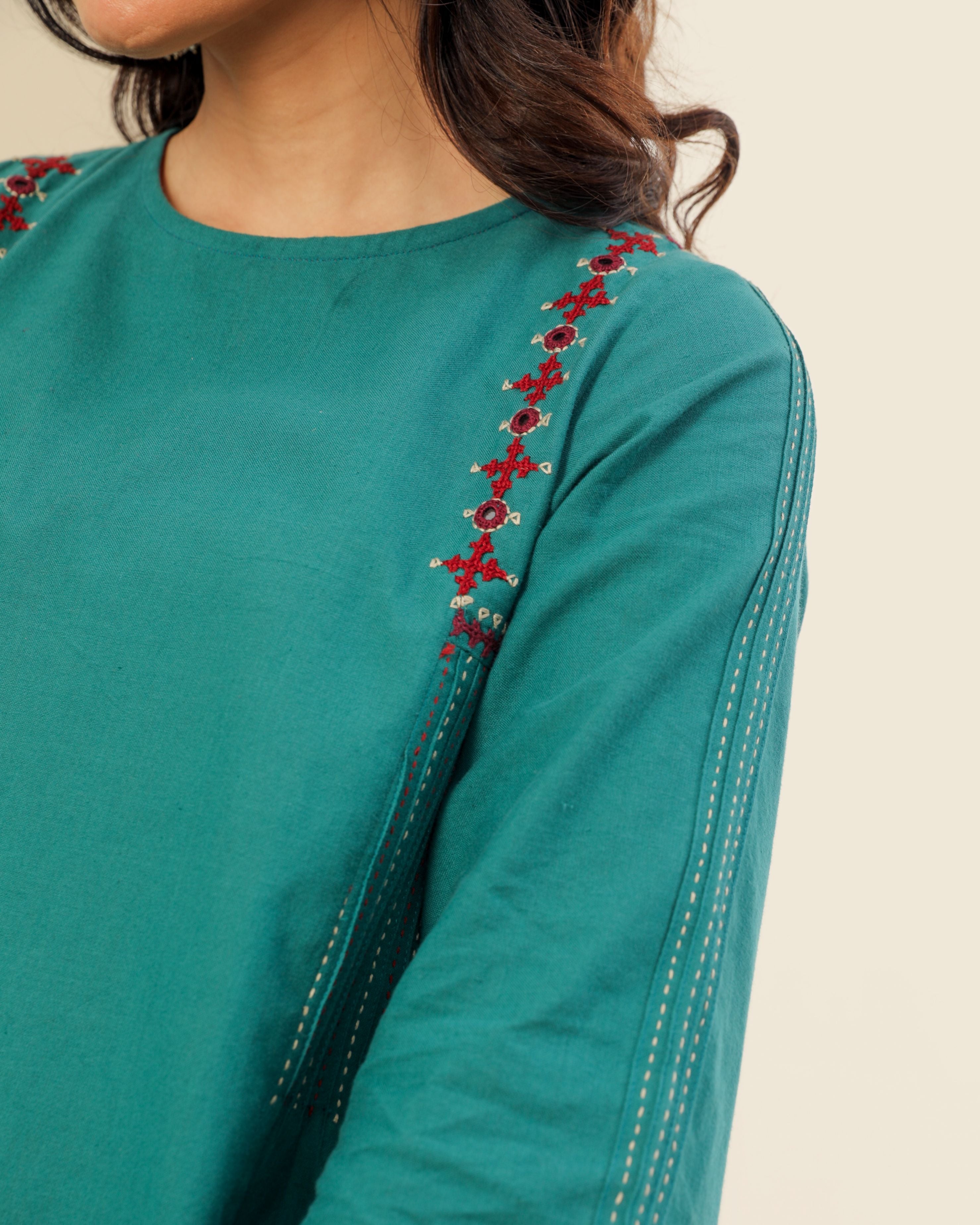 Ruhani Teal Pintuck Cotton Top With Sindhi Hand Embroidery