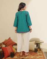 Ruhani Teal Pintuck Cotton Top With Sindhi Hand Embroidery