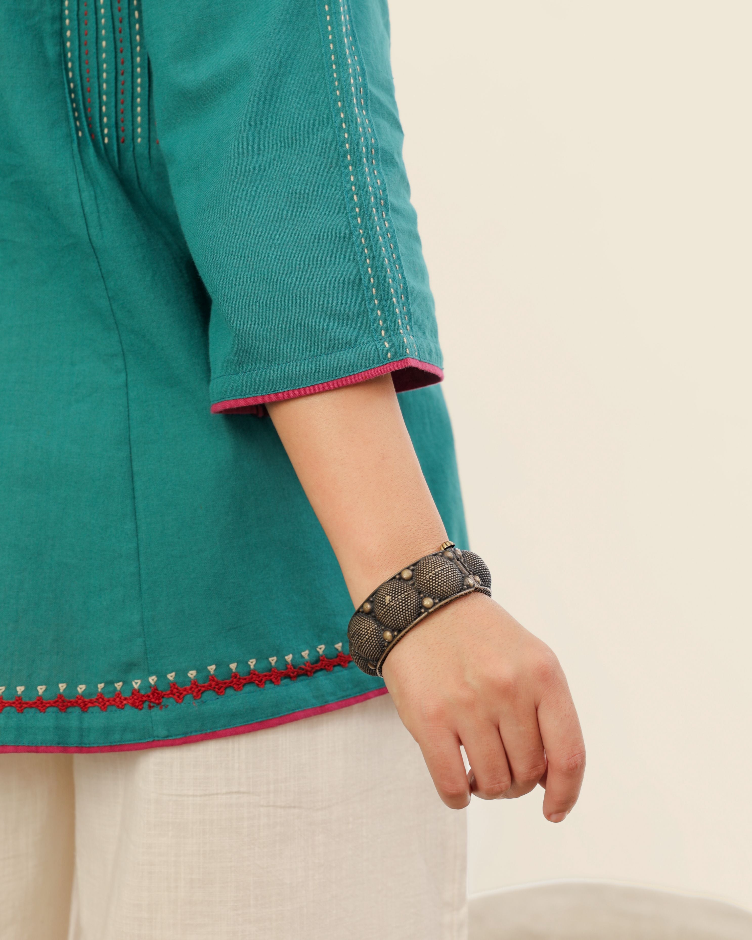 Ruhani Teal Pintuck Cotton Top With Sindhi Hand Embroidery