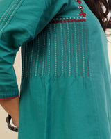 Ruhani Teal Pintuck Cotton Top With Sindhi Hand Embroidery