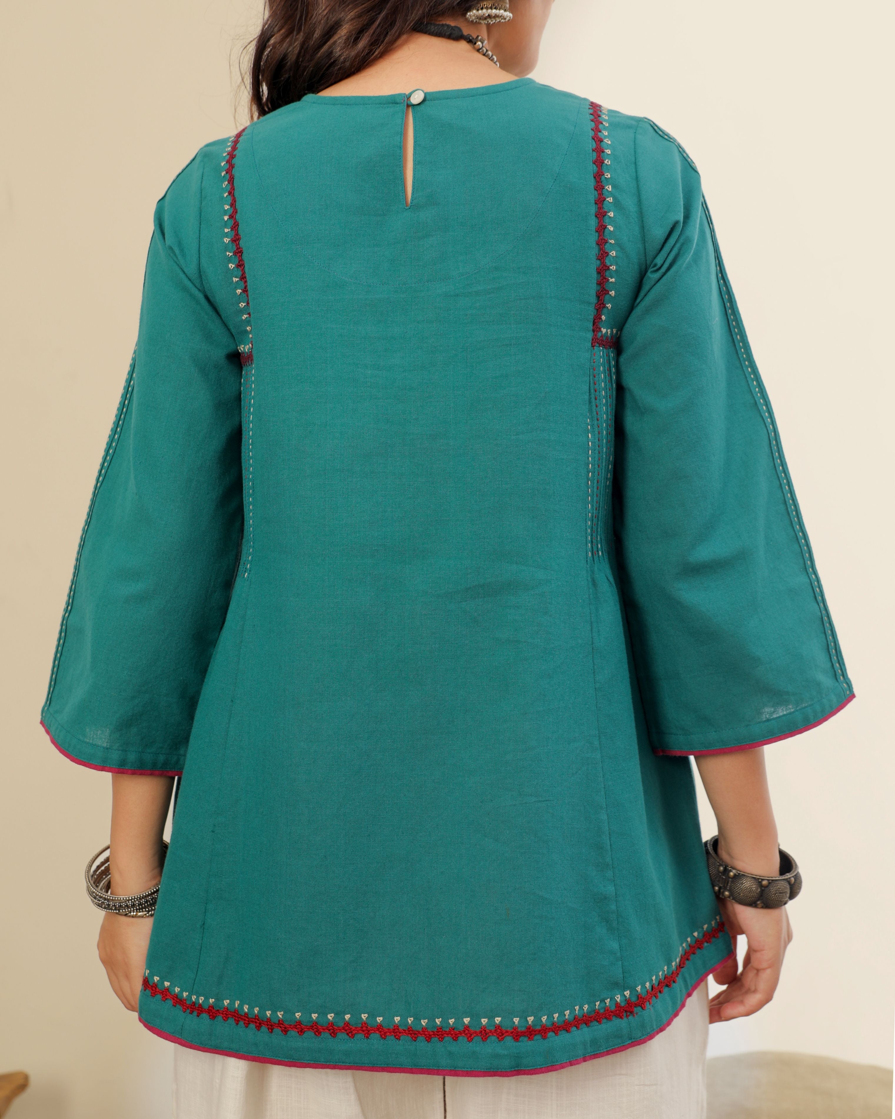 Ruhani Teal Pintuck Cotton Top With Sindhi Hand Embroidery