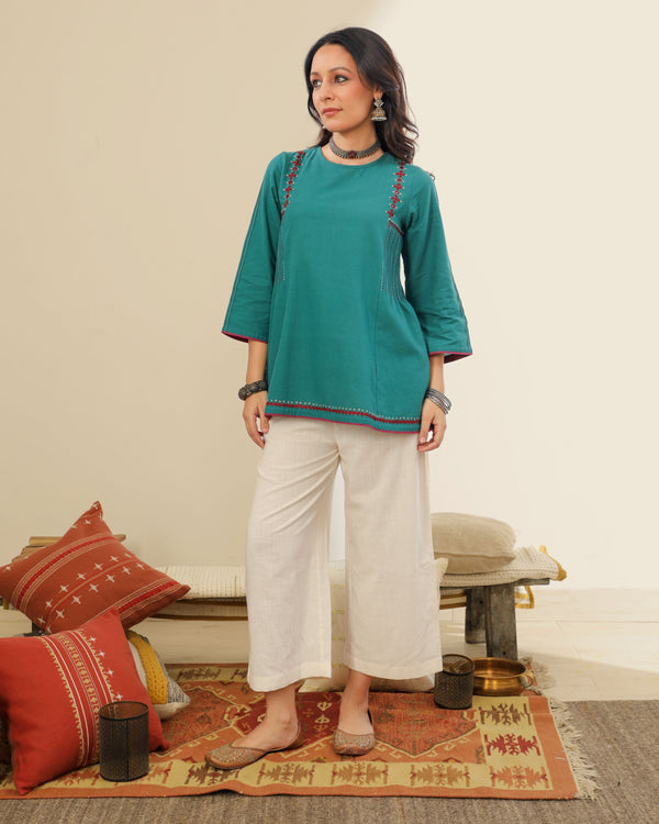 Ruhani Teal Pintuck Cotton Top With Sindhi Hand Embroidery
