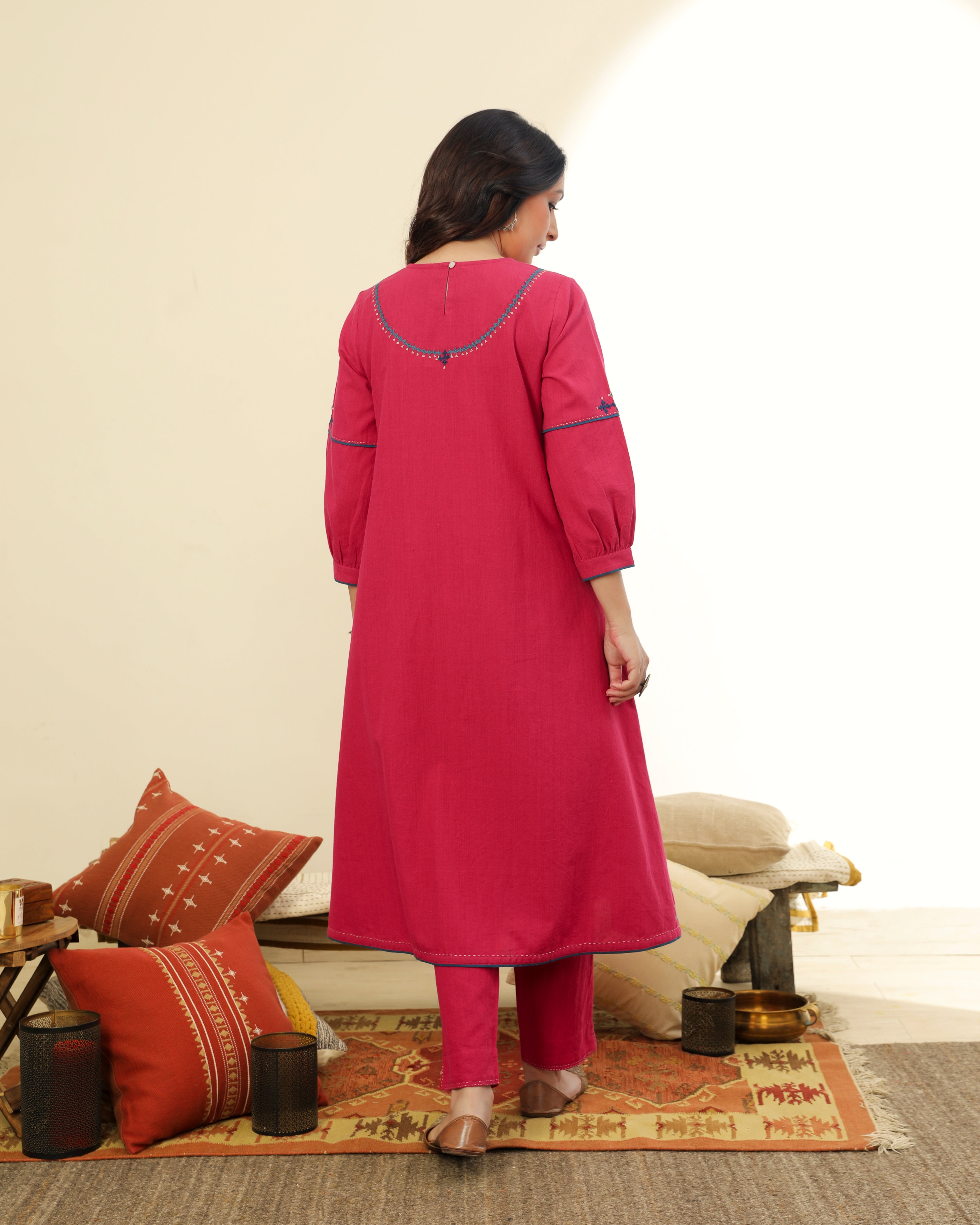Ruhani Magenta Front-Yoke Cotton Kurta With Sindhi Hand Embroidery