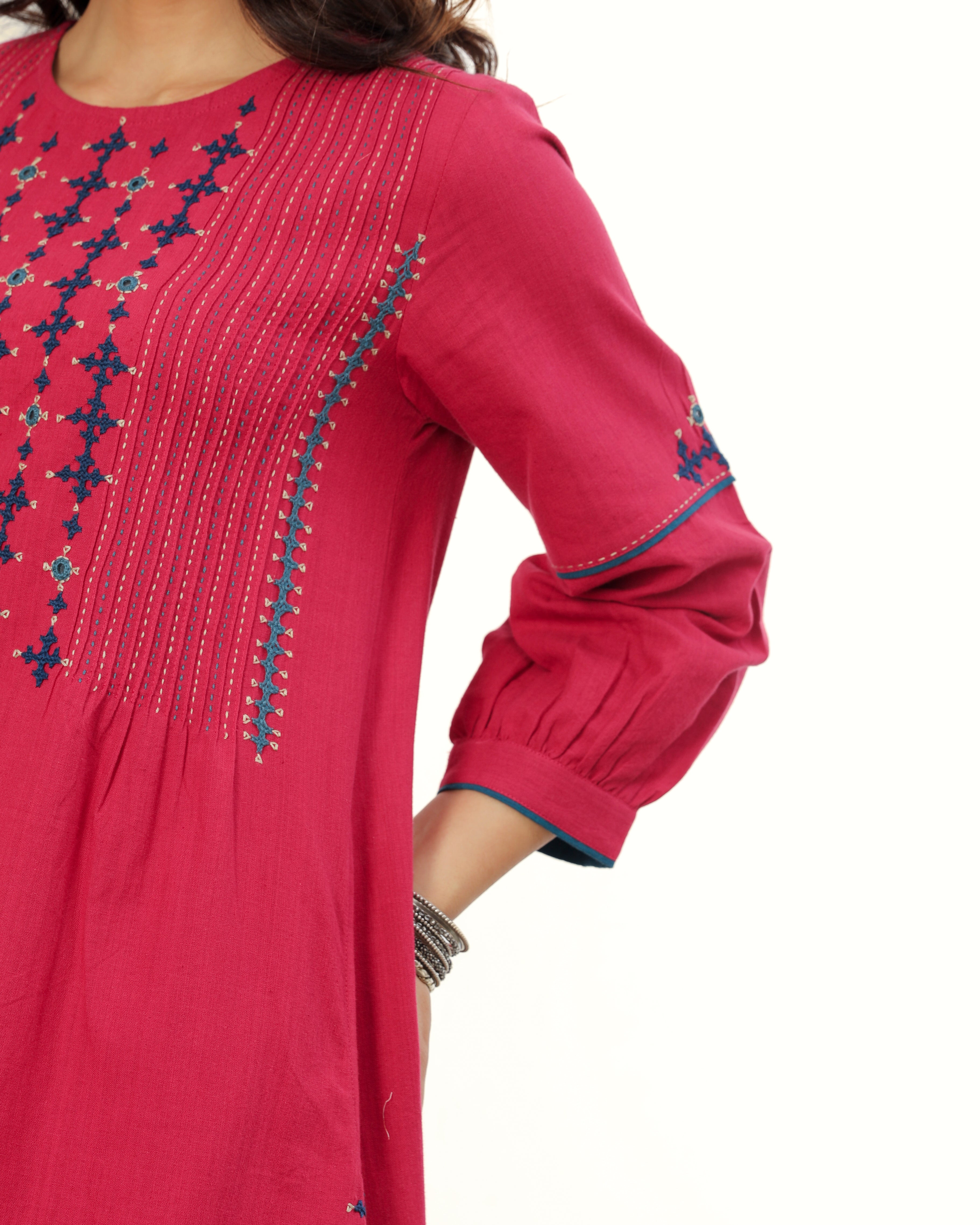 Ruhani Magenta Front-Yoke Cotton Kurta With Sindhi Hand Embroidery