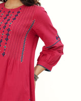 Ruhani Magenta Front-Yoke Cotton Kurta With Sindhi Hand Embroidery